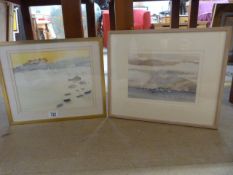 A pair of watercolours entitled "Anglesey Bay" and "Sky of Daffodil" by Lorna Binns