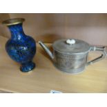 Elikington & Co silver plated teapot with foliage & flower design and a cloisonne blue vase