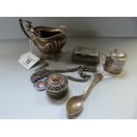 A hallmarked silver milk jug, Albert, sugar nips, spoons, mustard pot ( no liner) and 2 SCM