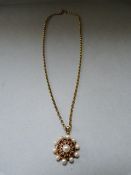 A 9ct Gold pendant set with seed pearls and Garnet stones on a 9ct chain - total weight 8.7g