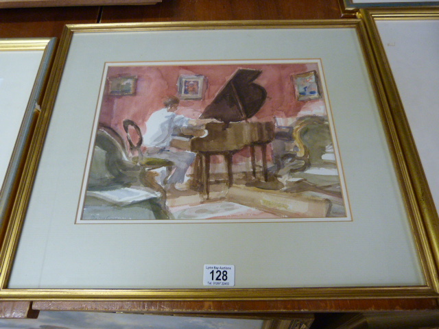 A watercolour entitled "The Piano Tuner" by Phyllis Ginger