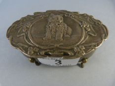 An Art Nouveau hallmarked silver pin box decorated with a kitten