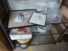 A Royal Doulton decanter, a rose bowl, punch bowl and glasses, bread crock and two pics of