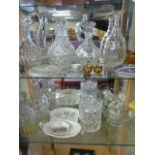 Six decanters various china and glassware - coalport, Spode etc - 2 shelves