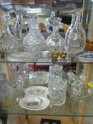 Six decanters various china and glassware - coalport, Spode etc - 2 shelves