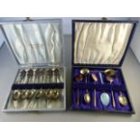 A set of cased hallmarked silver coffee spoons, and a part set of enamelled spoons along with