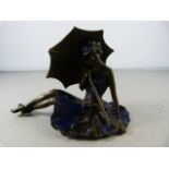 After Bergman, a bronze erotic figure of a seated girl holding a parasol with skirt flared out,