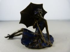 After Bergman, a bronze erotic figure of a seated girl holding a parasol with skirt flared out,