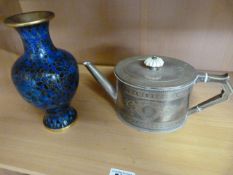 Elikington & Co silver plated teapot with foliage & flower design and a cloisonne blue vase