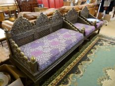 Indian metal clad ornate style sofa and two matching chairs
