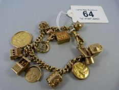 A gold charm bracelet- consisting of an 18 ct gold chain, 13 x 9 ct gold charms and a 1912 half