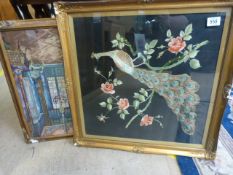 A Victorian silk work panel depicting peacocks and roses with a wool work panel depicting and