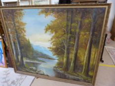 A large oil painting of a river scene