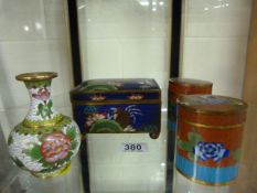 4 pieces of Cloisonne including a blue ground box and lid