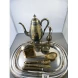 Silverplated tea caddy, Coffee pot and silver handled cutlery