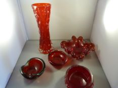 A Ruby Encrusted in blue crystal ashtray, handkerchief bowl, Ruby barked glass vase etc