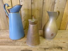 A large blue enamelled wash jug and two others