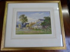 A watercolour depicting workers on a farm signed Albert Stephens