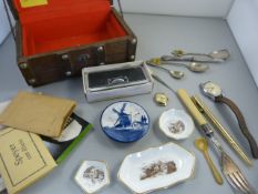A small wooden chest containing some hallmarked banded cutlery, coalport and a Shaeffer Pen 12k G.