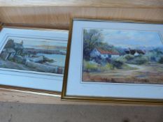 Watercolour of a Harbour scene signed 'Ern Hill' and and a pastel of a village scene