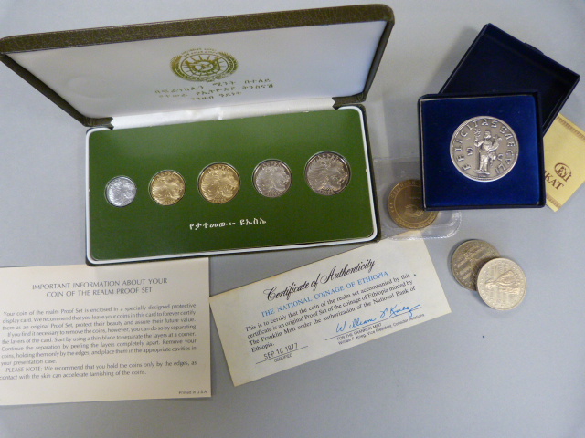 Proof set of Ethiopia coins plus a replica Roman coin and three others
