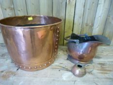 A Half copper barrell, coal bucket and oil pourer