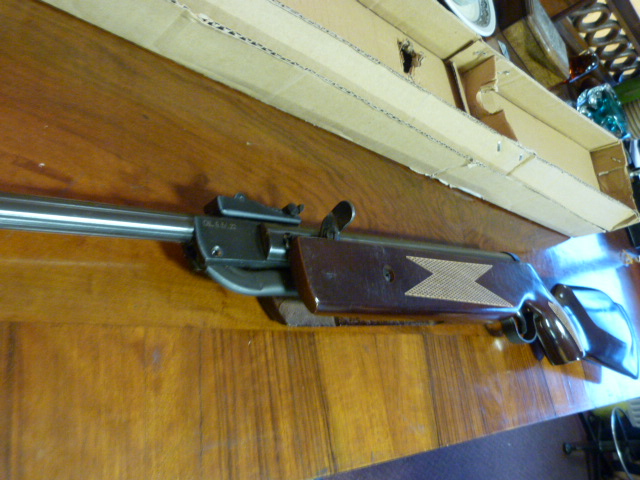 An SMK Thumbhole stock .22 Air Rifle with Red and Green illuminated scope