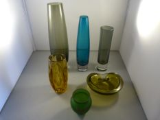 A large grey glass vase, one other, amber glass vase, Ashtray and a handpainted silvered pot etc