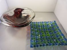 An Italian Glass bowl and a chequered Blue and Green Bowl