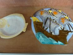 A Burleigh Ware galleon plaque and a Burleigh Ware fish shaped plate