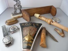 Elizabeth II coronation pen knife, inlaid bookend, Rover car badge etc