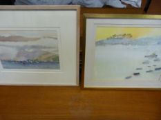 A pair of watercolours entitled "Anglesey Bay" and "Sky of Daffodil" by Lorna Binns