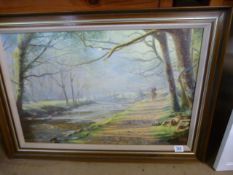 An oil painting signed Eric Roberts of a huntsman in a landscape