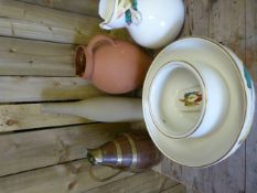 Terracotta jug, brass bound jug and various other china etc