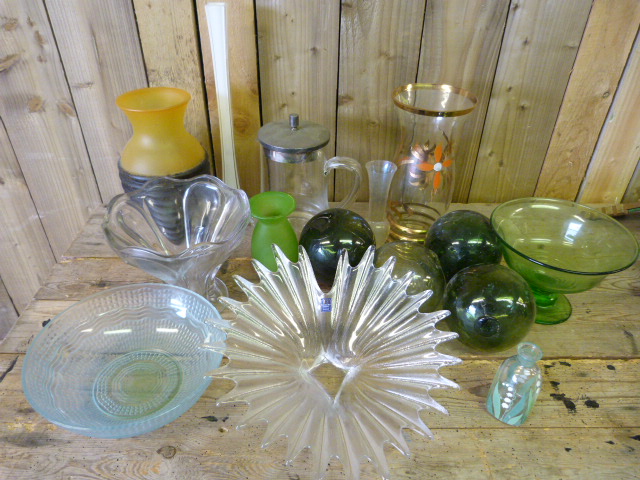 A quantity of coloured glassware, to include Chances blue glass bowl and Dartington crystal bowl