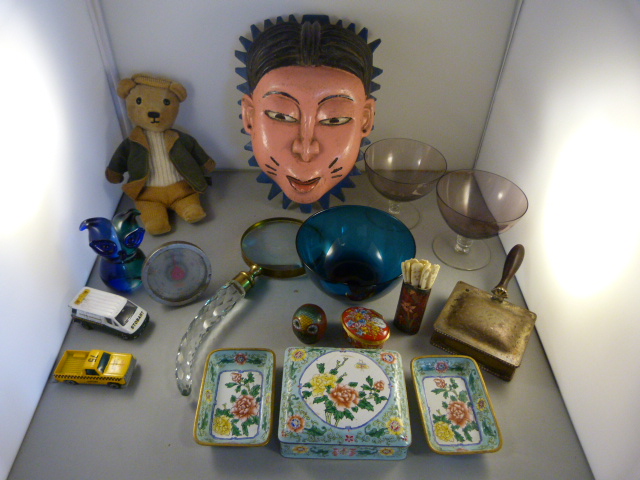 A Cloisonne pot and owl, wooden mask and various glassware etc