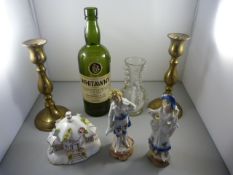 A pair of brass candlesticks, Staffordshire figures, Victorian glass and a Coalport figure etc