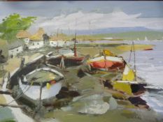An unsigned oil on canvas of Boats in the Harbour