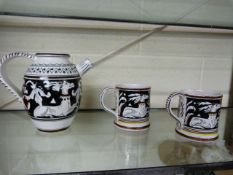 Painted tea pot and two matching mugs