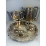 A quantity of silverplated items to include teapots and tray etc