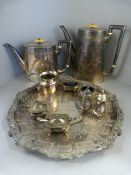 A quantity of silverplated items to include teapots and tray etc