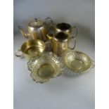 A quantity of brass ware to include candlesticks, large pewter jug and Elkington silverplate
