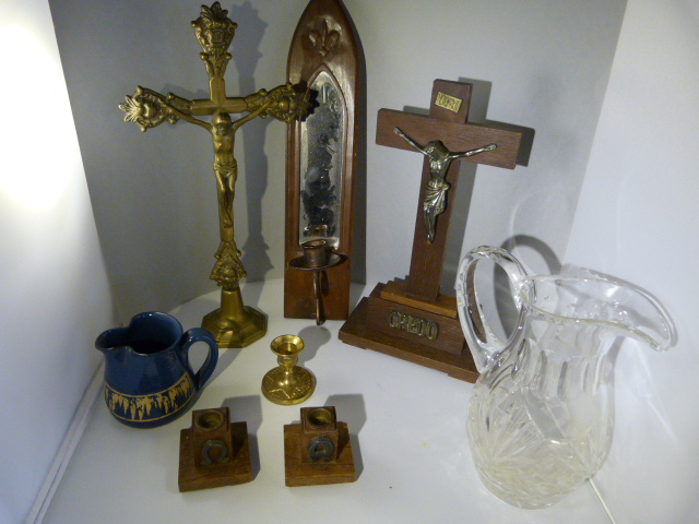 A brass figure of Jesus Christ on the cross and one other, candle sticks and a small quantity of - Image 2 of 2