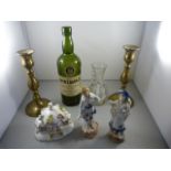 A pair of brass candlesticks, Staffordshire figures, Victorian glass and a Coalport figure etc