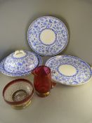A Royal Crown Derby Tureen (lid A/F) two serving plates and two pieces of cranberry Glassware