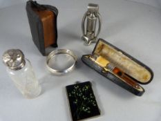 An amber pipe stem with hallmarked silver collars in case, policemans whistle, napkin ring and