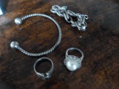 A Hallmarked silver ring, one other (marked 915) and two SCM bracelets
