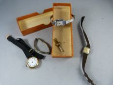 A Hallmarked gold ladies wristwatch A/F, two vintage watches and a Silver watch strap