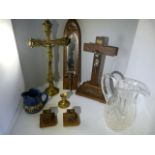 A brass figure of Jesus Christ on the cross and one other, candle sticks and a small quantity of