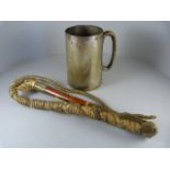 A Hunting whip with Hound head handle and a pewter tankard